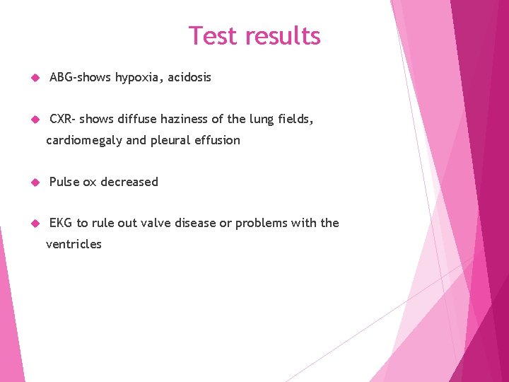 Test results ABG-shows hypoxia, acidosis CXR- shows diffuse haziness of the lung fields, cardiomegaly