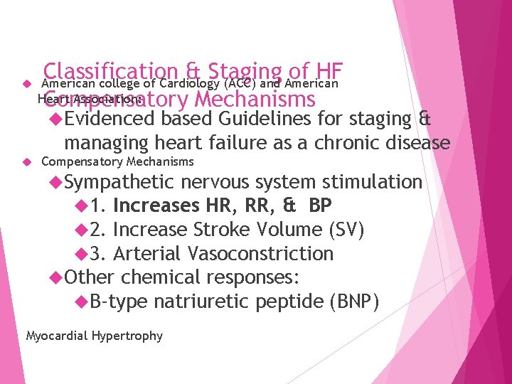  Classification & Staging of HF Compensatory Mechanisms American college of Cardiology (ACC) and