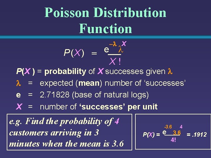 Poisson Distribution Function X P (X ) e X! P(X ) = probability of