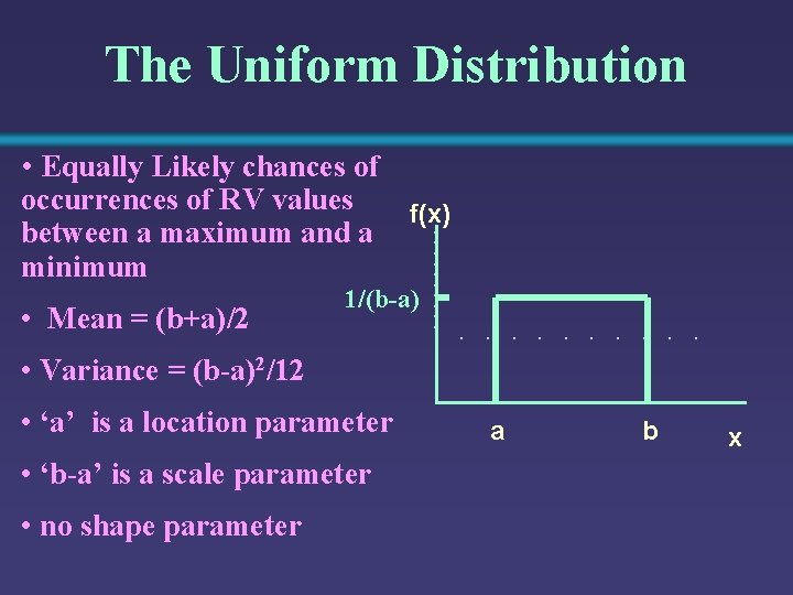 The Uniform Distribution • Equally Likely chances of occurrences of RV values f(x) between