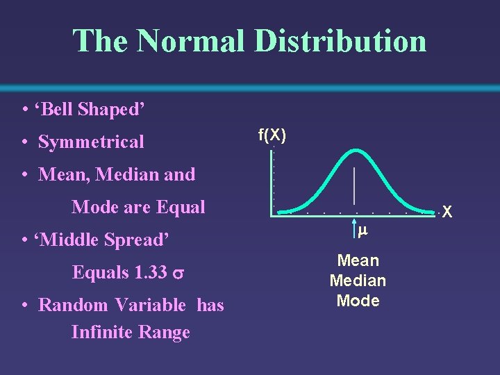 The Normal Distribution • ‘Bell Shaped’ • Symmetrical f(X) • Mean, Median and Mode