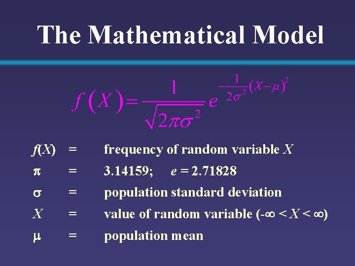 The Mathematical Model f(X) = frequency of random variable X = 3. 14159; =