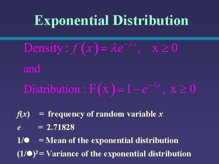 Exponential Distribution f(x) = frequency of random variable x e = 2. 71828 1/