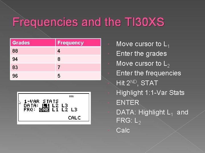 Frequencies and the TI 30 XS Grades Frequency 88 4 94 8 83 7
