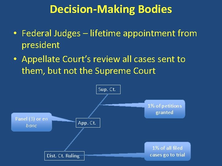 Decision-Making Bodies • Federal Judges – lifetime appointment from president • Appellate Court’s review