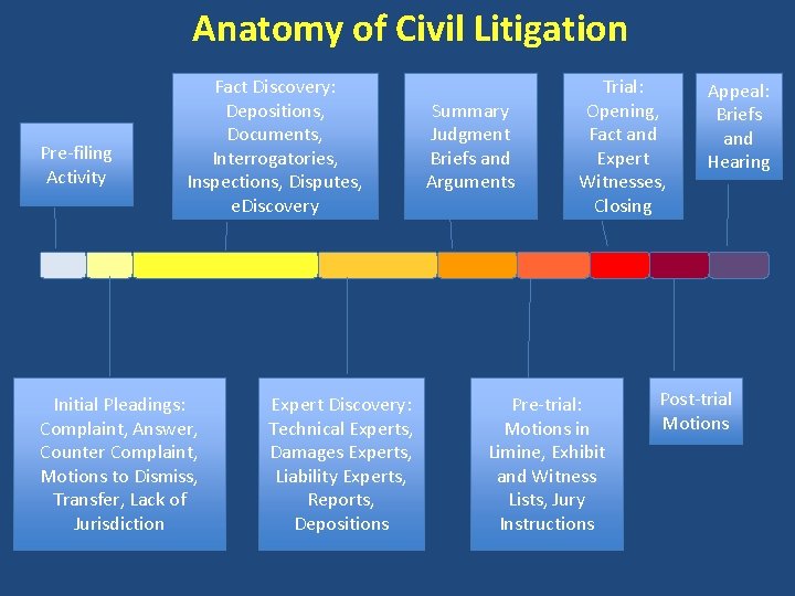 Anatomy of Civil Litigation Pre-filing Activity Fact Discovery: Depositions, Documents, Interrogatories, Inspections, Disputes, e.
