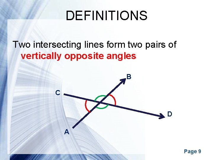 DEFINITIONS Two intersecting lines form two pairs of vertically opposite angles B C D