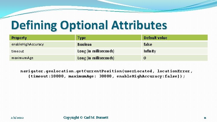 Defining Optional Attributes Property Type Default value enable. High. Accuracy Boolean false timeout Long