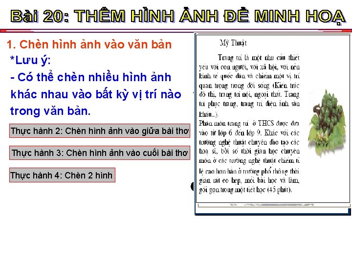 1. Chèn hình ảnh vào văn bản *Lưu ý: - Có thể chèn nhiều