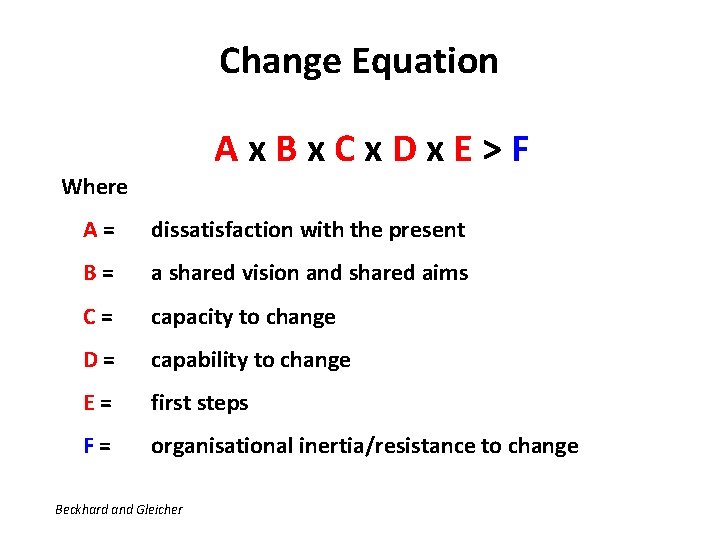 Change Equation Ax. Bx. Cx. Dx. E>F Where A= dissatisfaction with the present B=