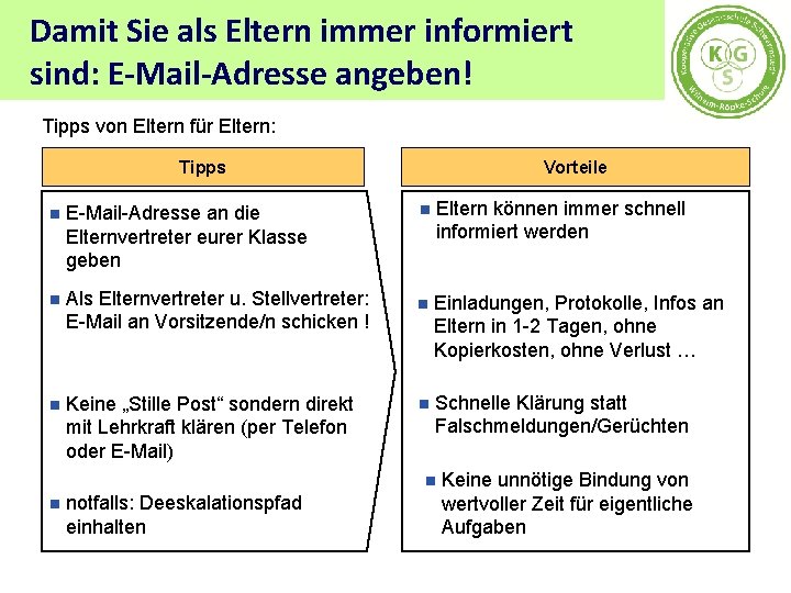 Damit Sie als Eltern immer informiert sind: E-Mail-Adresse angeben! Tipps von Eltern für Eltern: