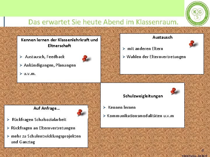 Das erwartet Sie heute Abend im Klassenraum. Austausch Kennen lernen der Klassenlehrkraft und Eltnerschaft