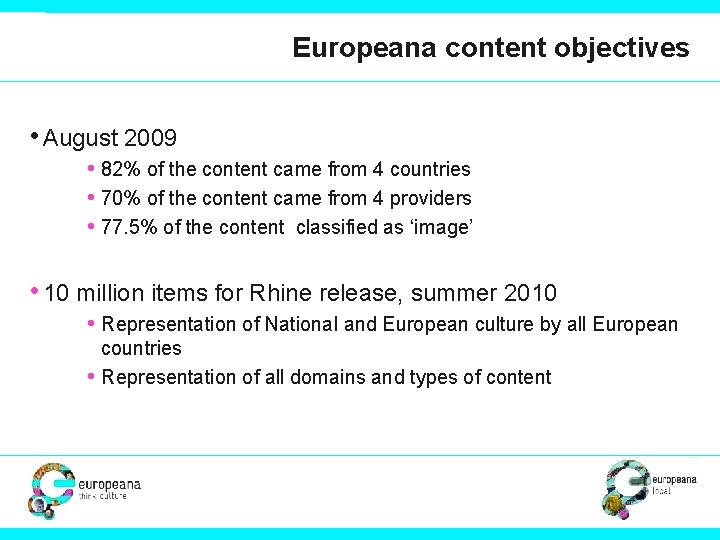 Europeana content objectives • August 2009 • 82% of the content came from 4