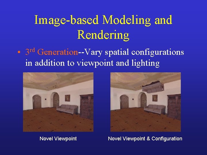 Image-based Modeling and Rendering • 3 rd Generation--Vary spatial configurations in addition to viewpoint