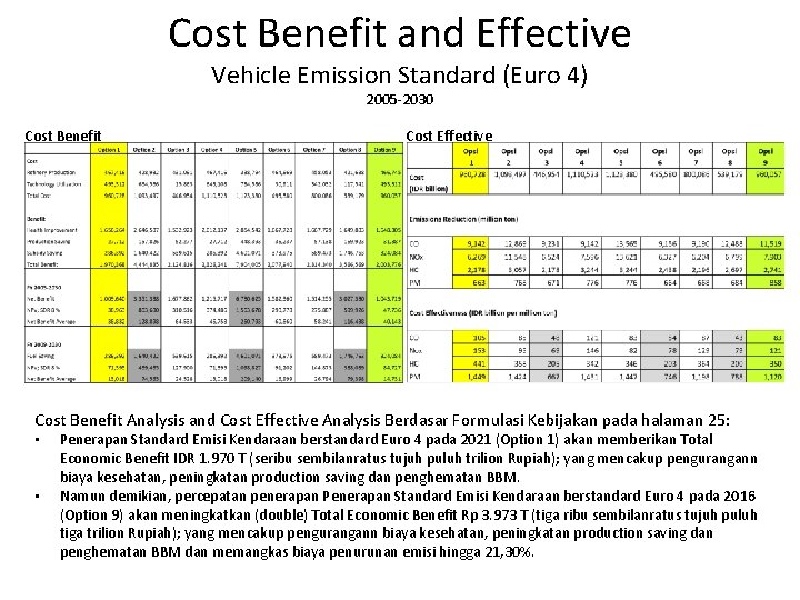 Cost Benefit and Effective Vehicle Emission Standard (Euro 4) 2005 -2030 Cost Benefit Cost