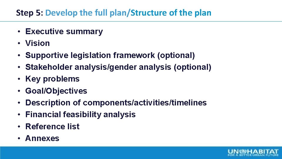 Step 5: Develop the full plan/Structure of the plan • • • Executive summary