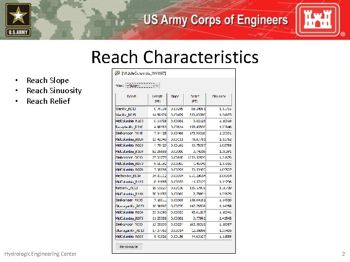 Reach Characteristics • Reach Slope • Reach Sinuosity • Reach Relief Hydrologic Engineering Center