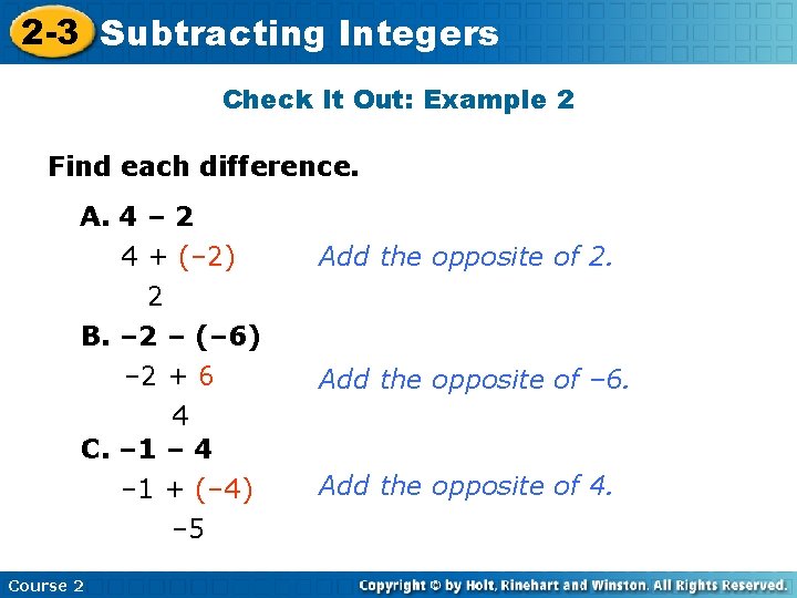 2 -3 Subtracting Insert Lesson Title Here Integers Check It Out: Example 2 Find