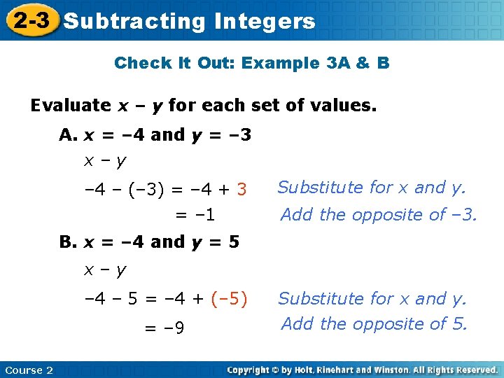 2 -3 Subtracting Insert Lesson Title Here Integers Check It Out: Example 3 A