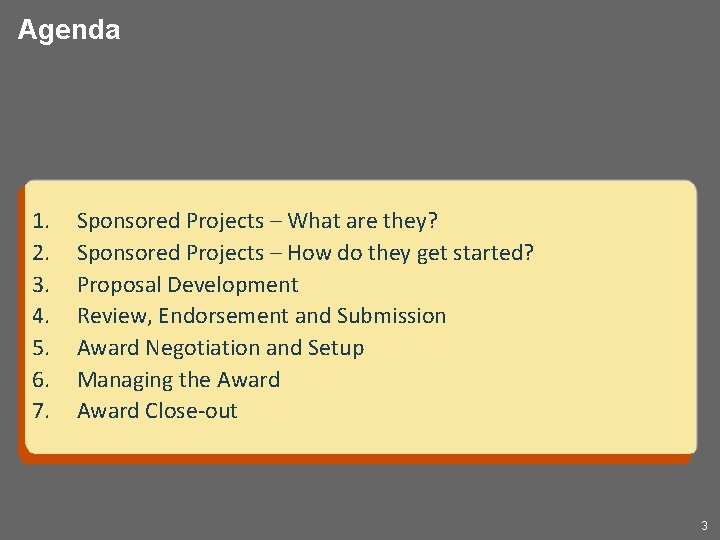 Agenda 1. 2. 3. 4. 5. 6. 7. Sponsored Projects – What are they?