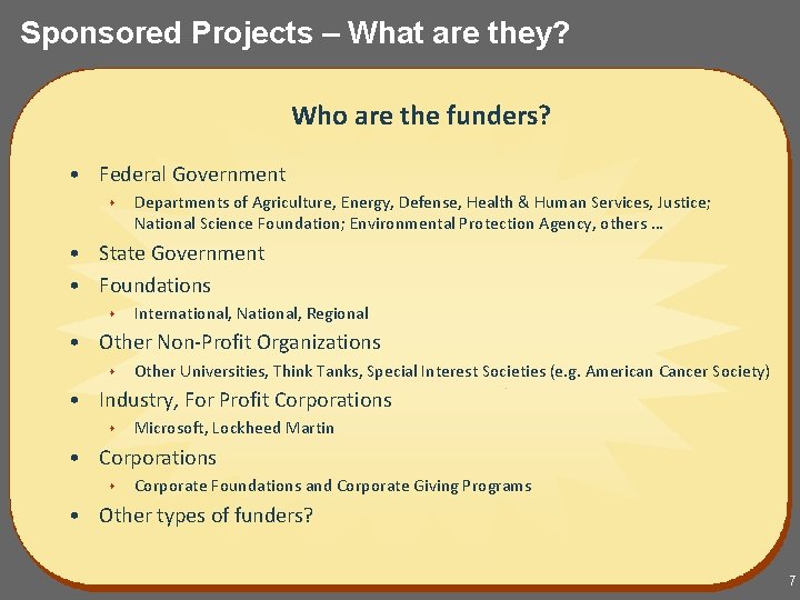 Sponsored Projects – What are they? Who are the funders? • Federal Government s