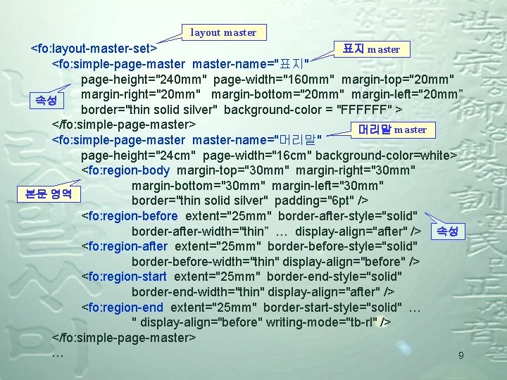 layout master 표지 master <fo: layout-master-set> <fo: simple-page-master-name="표지" page-height="240 mm" page-width="160 mm" margin-top="20 mm"