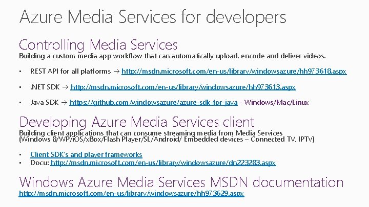 Azure Media Services for developers Controlling Media Services Building a custom media app workflow Azure Media Services for developers Controlling Media Services Building a custom media app workflow