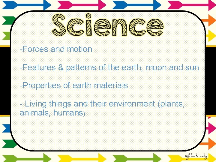 -Forces and motion -Features & patterns of the earth, moon and sun -Properties of