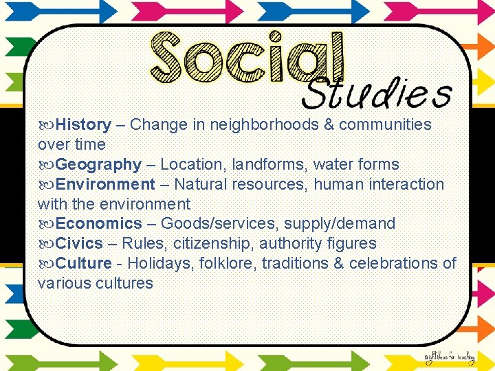  History – Change in neighborhoods & communities over time Geography – Location, landforms,