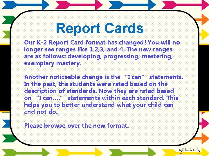 Report Cards Our K-2 Report Card format has changed! You will no longer see