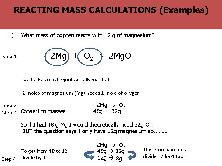 ? The BIG Why MASS are balanced equations useful (Examples) REACTING CALCULATIONS question 1)