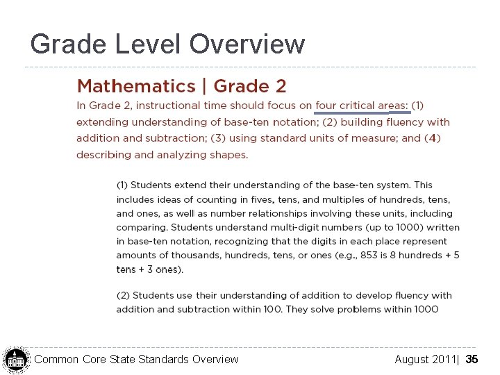 Grade Level Overview Common Core State Standards Overview August 2011| 35 