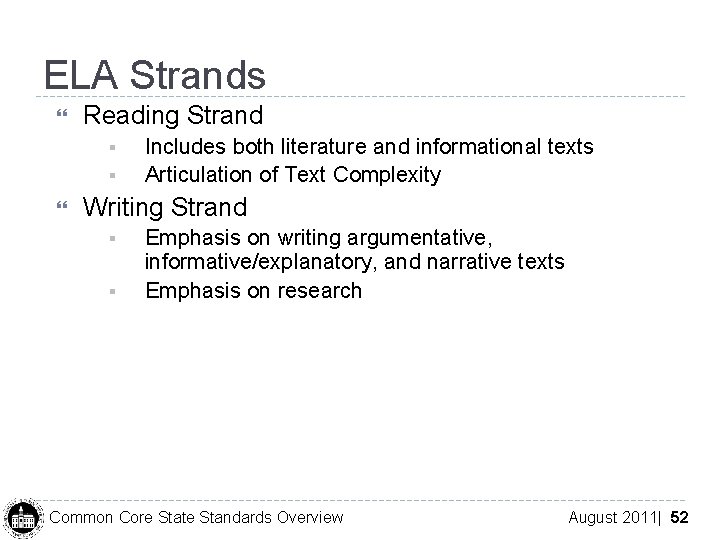 ELA Strands Reading Strand § § Includes both literature and informational texts Articulation of