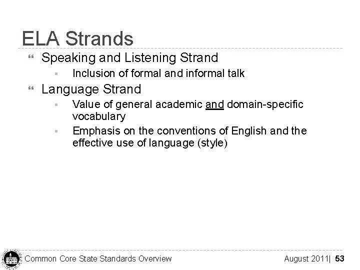 ELA Strands Speaking and Listening Strand § Inclusion of formal and informal talk Language