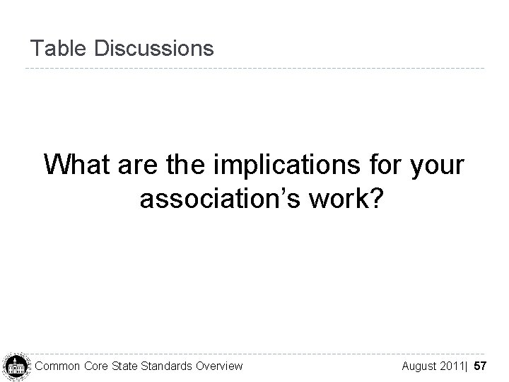 Table Discussions What are the implications for your association’s work? Common Core State Standards