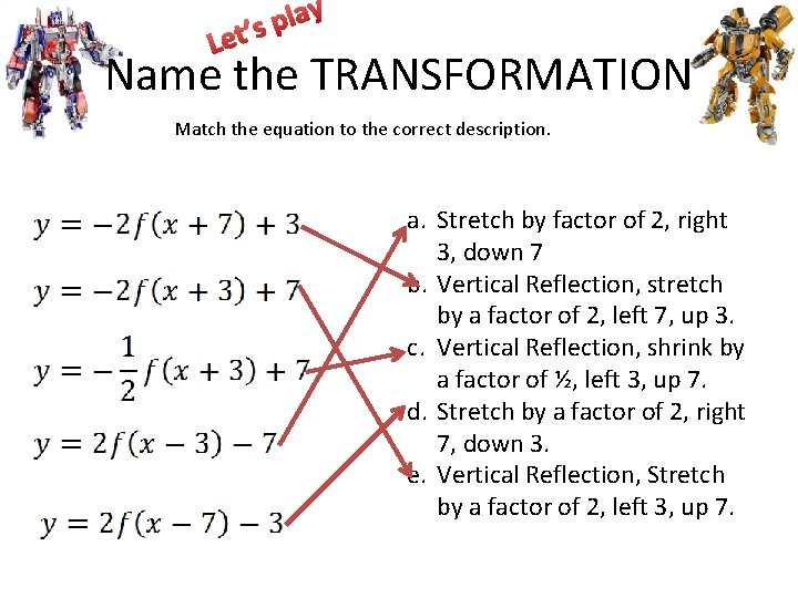 y a l p t’s Le Name the TRANSFORMATION Match the equation to the