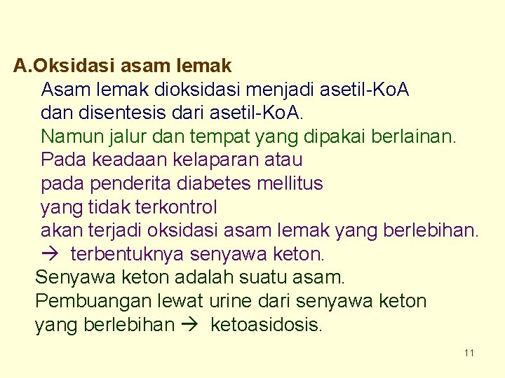 A. Oksidasi asam lemak Asam lemak dioksidasi menjadi asetil-Ko. A dan disentesis dari asetil-Ko.