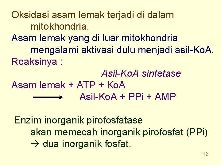 Oksidasi asam lemak terjadi di dalam mitokhondria. Asam lemak yang di luar mitokhondria mengalami