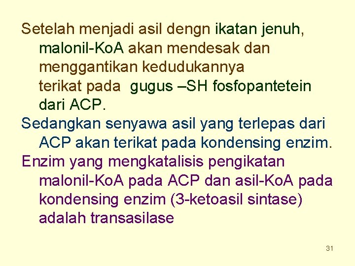 Setelah menjadi asil dengn ikatan jenuh, malonil-Ko. A akan mendesak dan menggantikan kedudukannya terikat