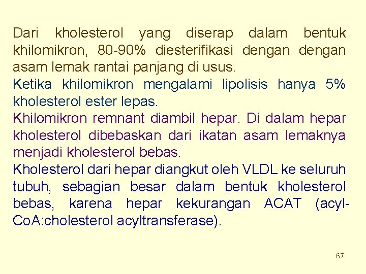 Dari kholesterol yang diserap dalam bentuk khilomikron, 80 -90% diesterifikasi dengan asam lemak rantai