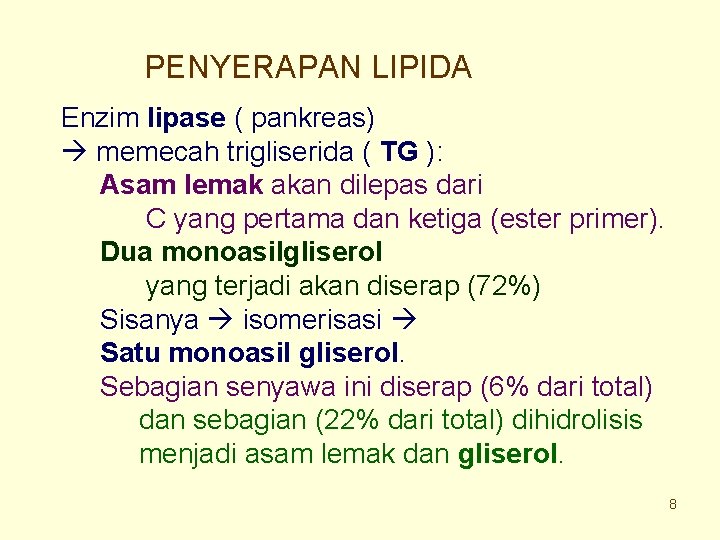 PENYERAPAN LIPIDA Enzim lipase ( pankreas) memecah trigliserida ( TG ): Asam lemak akan