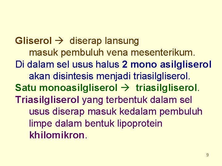 Gliserol diserap lansung masuk pembuluh vena mesenterikum. Di dalam sel usus halus 2 mono