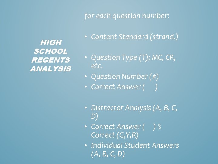 for each question number: HIGH SCHOOL REGENTS ANALYSIS • Content Standard (strand. ) •