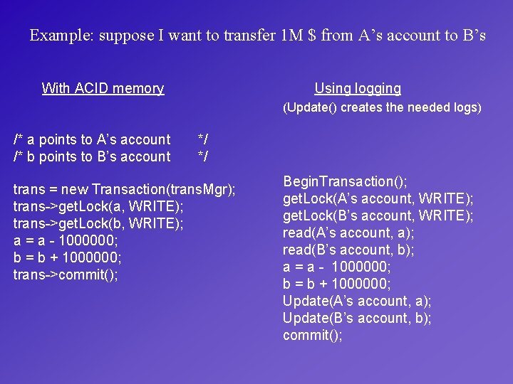 Example: suppose I want to transfer 1 M $ from A’s account to B’s