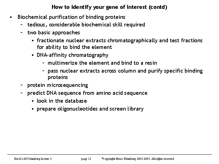 How to identify your gene of interest (contd) • Biochemical purification of binding proteins