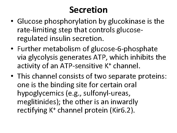 Secretion • Glucose phosphorylation by glucokinase is the rate-limiting step that controls glucoseregulated insulin
