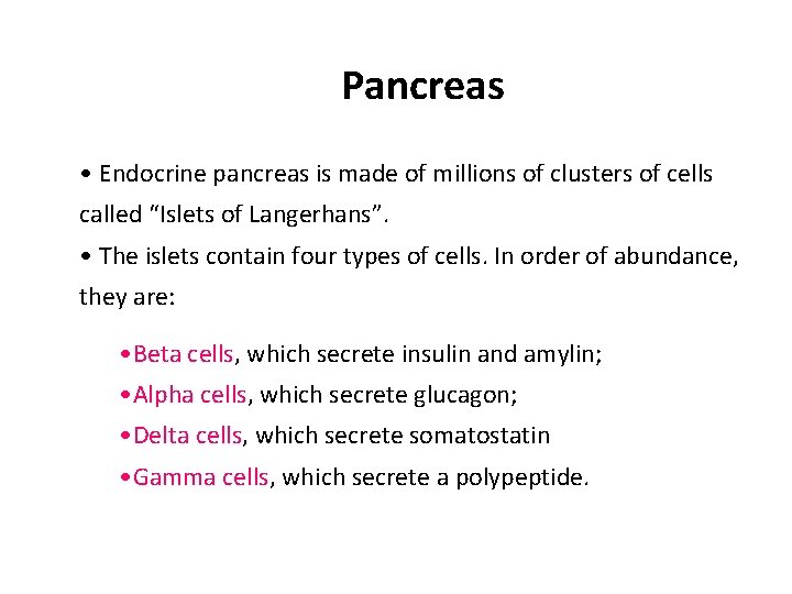 Pancreas • Endocrine pancreas is made of millions of clusters of cells called “Islets