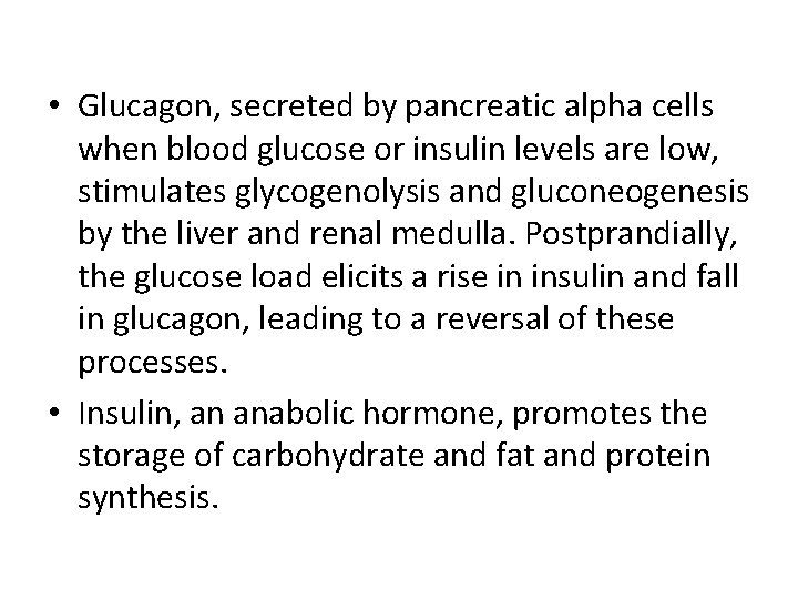  • Glucagon, secreted by pancreatic alpha cells when blood glucose or insulin levels