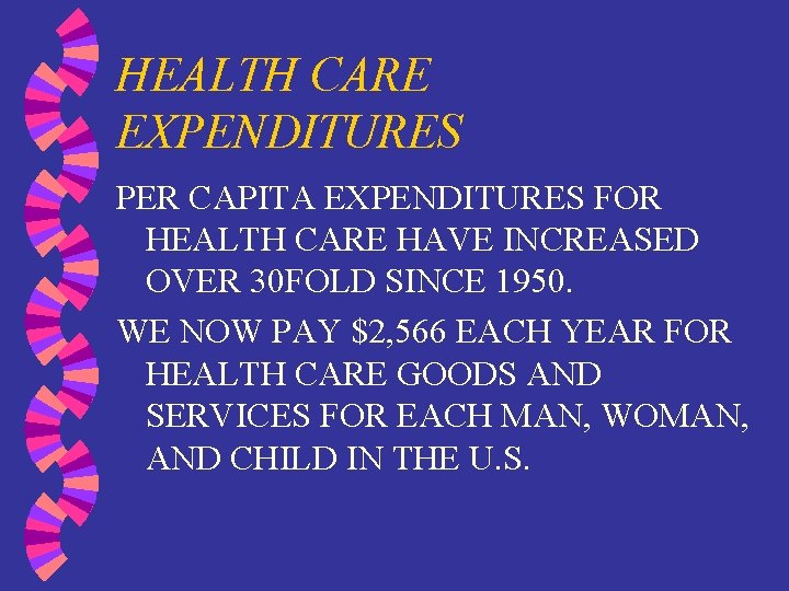 HEALTH CARE EXPENDITURES PER CAPITA EXPENDITURES FOR HEALTH CARE HAVE INCREASED OVER 30 FOLD