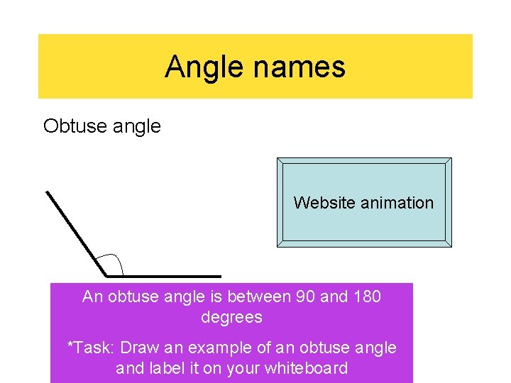 Angle names Obtuse angle Website animation An obtuse angle is between 90 and 180